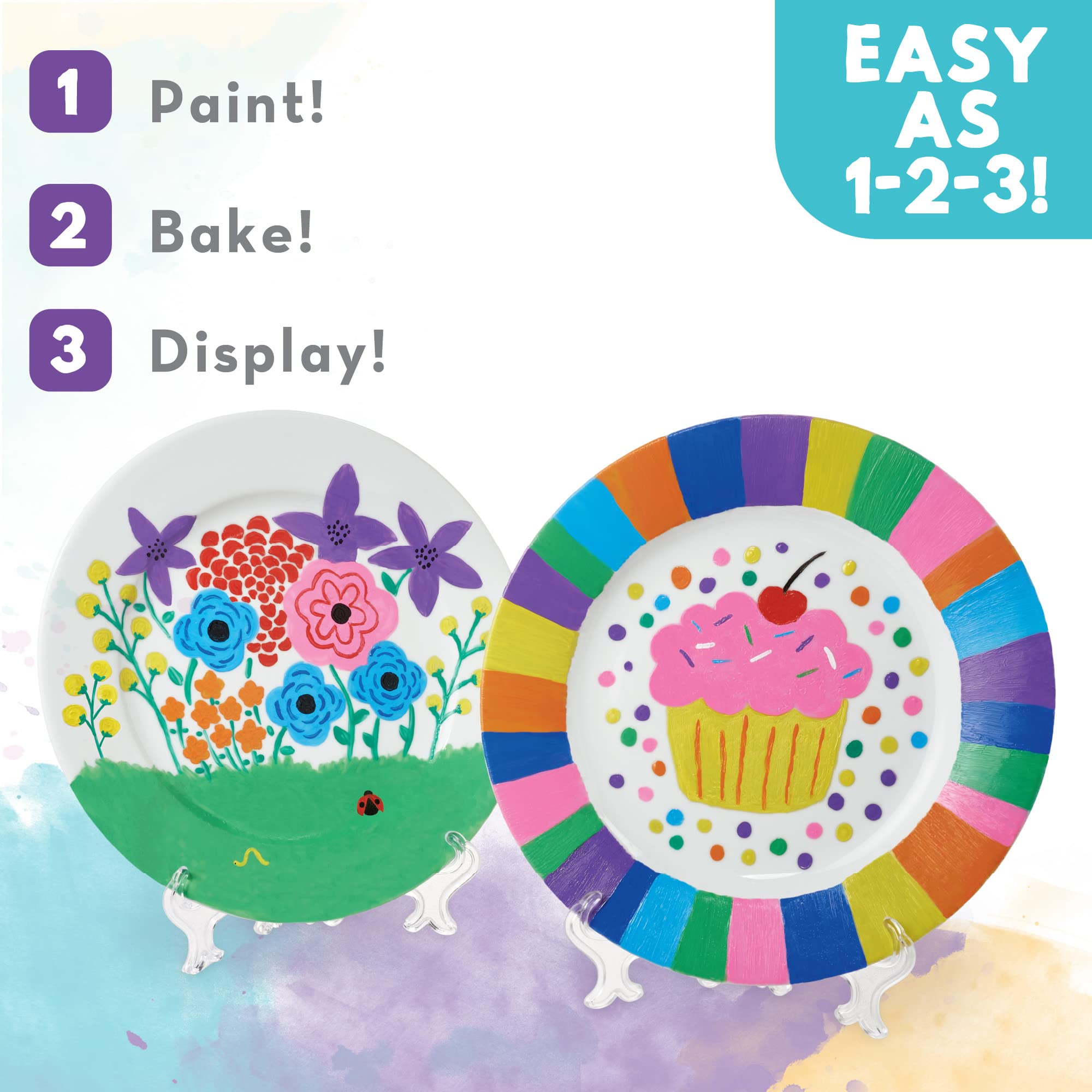 MindWare DIY Porcelain Painting Kit - 2 White Plates, 12 Vibrant Paints, 2 Brushes & Display Stands for Kids & Adults - Perfect for Birthday Gifts, Family Craft Night & Home Decor Projects