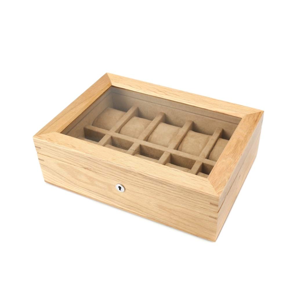 Premium Wooden Watch Box with Lock - 10 Grid Jewelry Organizer Display Case for Watches, Bracelets & Rings - Wood Color/Brown Lining (30×21.5×10cm) - Perfect for Home, Office & Travel Storage