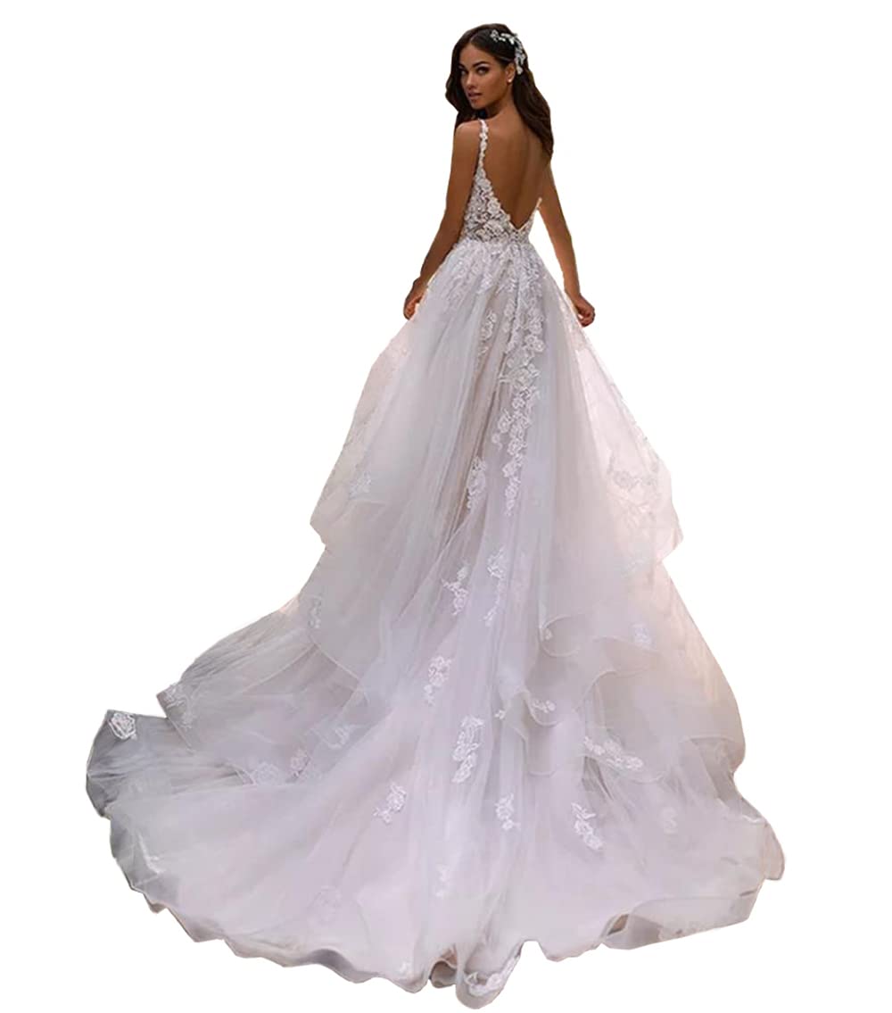 Elegant V-Neck Lace Applique A-Line Mesh Wedding Dress - Princess Floor Length Bridal Gown for Outdoor & Simple Weddings | Perfect for Beach, Garden & Destination Ceremonies