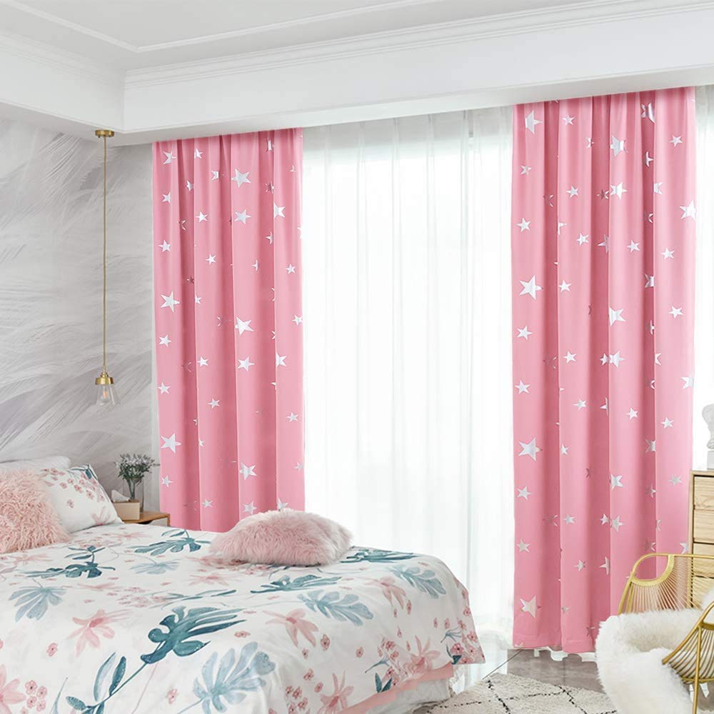 Pink Blackout Curtains for Girls Room - Silver Star Design Thermal Insulated Window Drapes (52x54 Inches, 2 Panels) - Perfect for Nursery, Bedroom & Home Theater Light Blocking