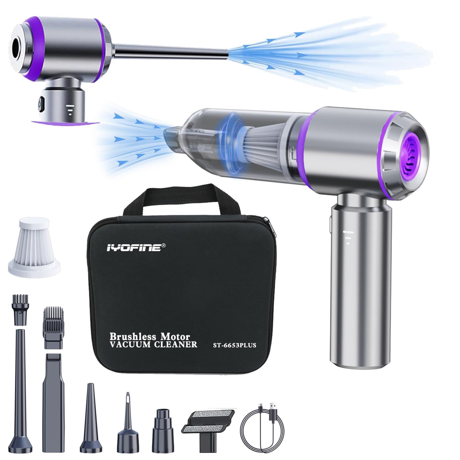 80,000RPM Super Power Cordless Mini Car Vacuum Cleaner - 4-in-1 Handheld Air Duster, Blower Gun, Pump & Dust Blower (Purple) | Perfect for Car Detailing, Keyboard Cleaning & Home Dusting