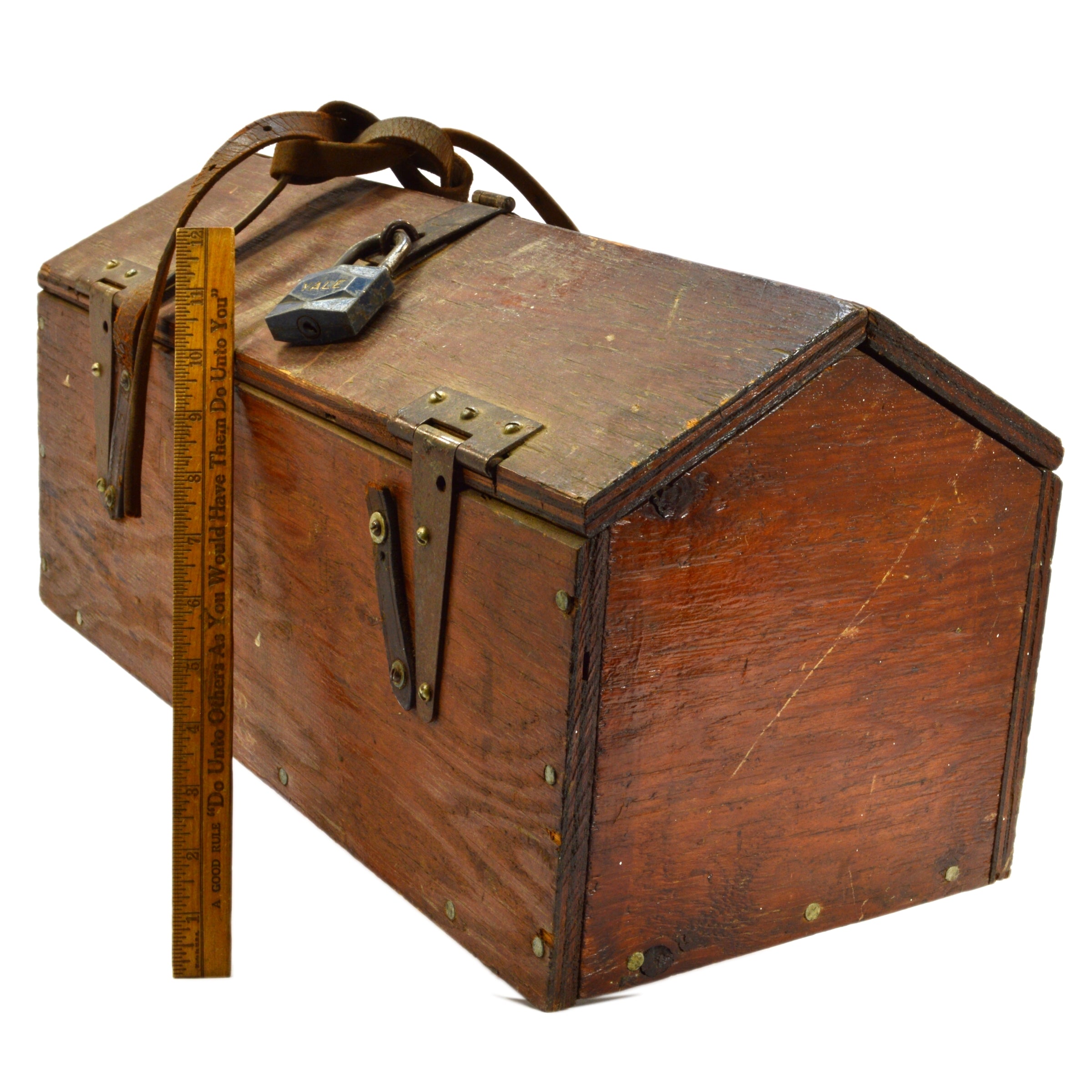 Vintage Folk Art Handmade Wooden Tool Box with Gable Top Lid & Original Tray - Yale Lock Included | Perfect for Workshop Storage, Antique Collectors & Farmhouse Decor