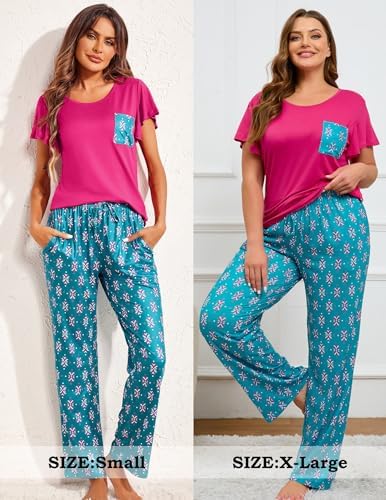 Ekouaer Women's 2-Pack Short Sleeve Pajama Set with Long Pants - Soft Printed Sleepwear & Lounge Pajamas with Pockets - Perfect for Sleeping, Relaxing at Home, and Travel Comfort