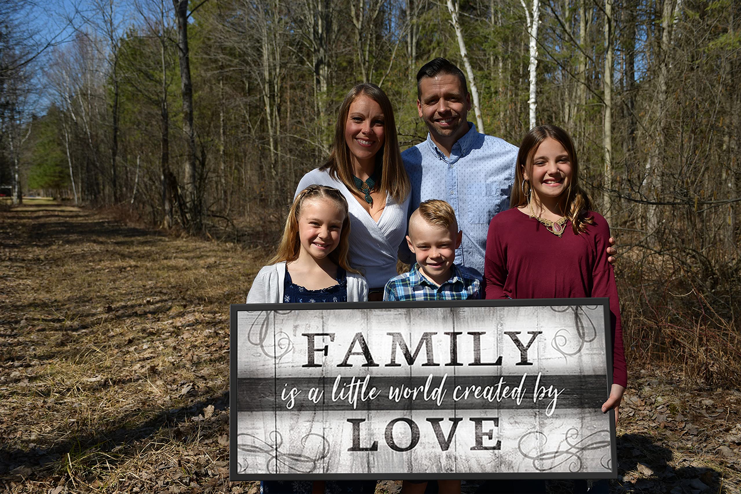 Family Is A Little World Sign - Framed Wall Art for Living Room & Farmhouse Decor - Large Canvas Wall Art with Grey & Black Floating Frame (42x19) - Perfect for Family Room, Home Décor & Gift Ideas