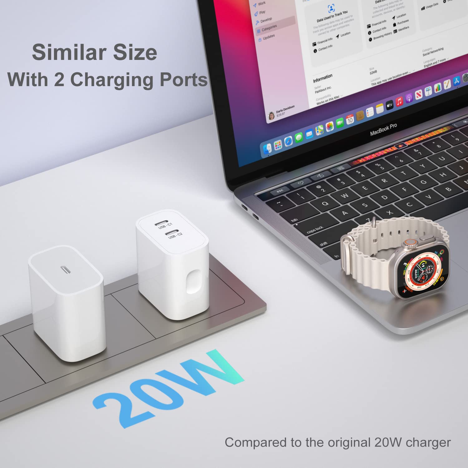 20W Dual Port USB C Fast Charger Block with 6FT USB C to C Cable - PD Compatible Wall Adapter for iPhone 16/15 Pro Max/Plus, iPad Pro, Pixel 8/7 - White | Perfect for Home, Office & Travel Charging