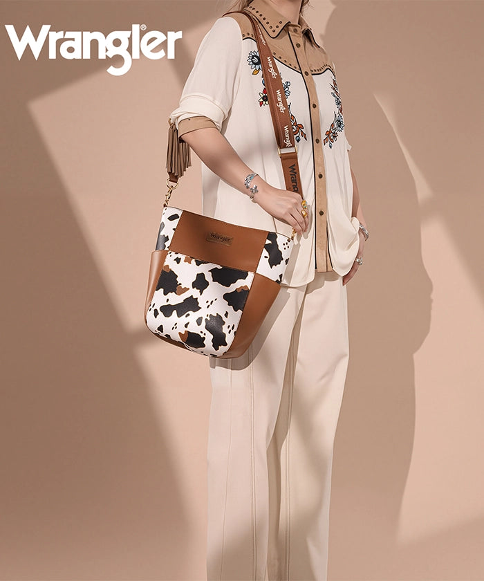Wrangler Cow Print Crossbody Bucket Bag for Women - Stylish Western Handbag with Adjustable Strap - Perfect for Daily Use, Travel & Country Music Festivals