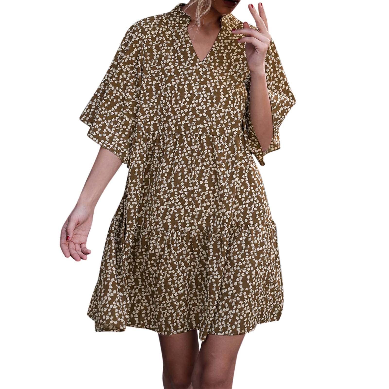 Women's Spring & Summer Dresses 2024 - Flowy Trumpet Sleeve Mini Dress with V-Neck | Casual Sundress for Beach, Party & Everyday Wear