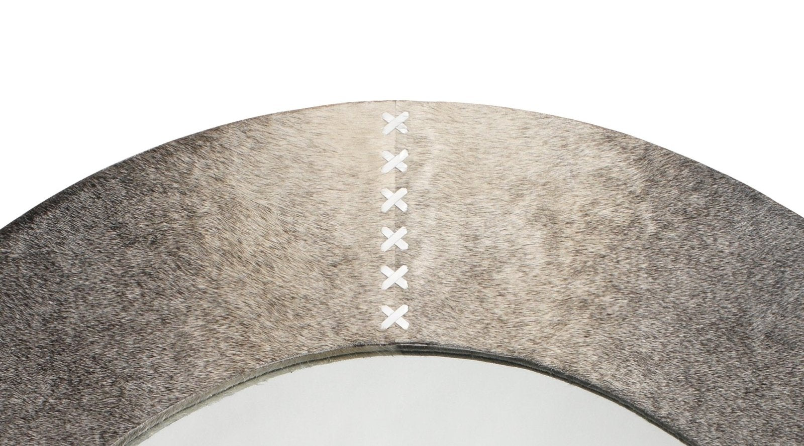 Round Cross Stitch Mirror with Grey Hide Frame - Elegant Home Decor for Living Room, Bedroom, or Entryway