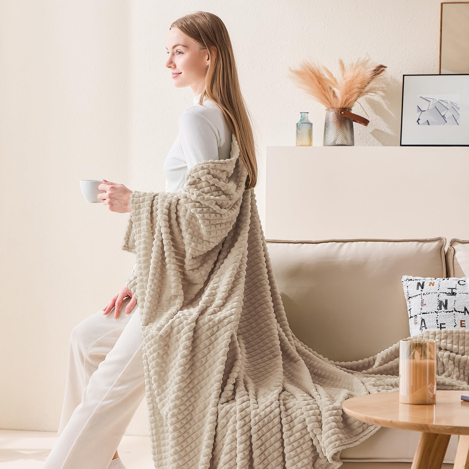 Premium EMME Fleece Blanket Twin Size - Ultra Soft & Warm Flannel Throw for Couch, Bed, Sofa, Chair - Plush Cozy Blanket with Geometric Grid Design (Beige, 60'' x 80'') - Perfect for Winter Nights, Lounging & Home Decor