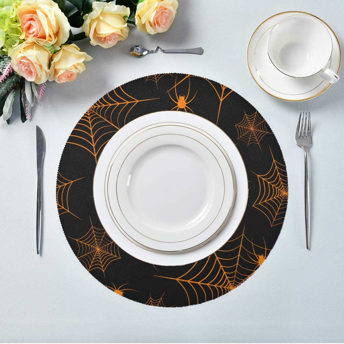Halloween Spiderweb Round Table Mats Set of 1 - Heat Resistant Non-Slip Polyester Placemats for Dining Table Decor - Washable & Easy to Clean - Perfect for Halloween Parties, Thanksgiving Dinners & Holiday Home Decor