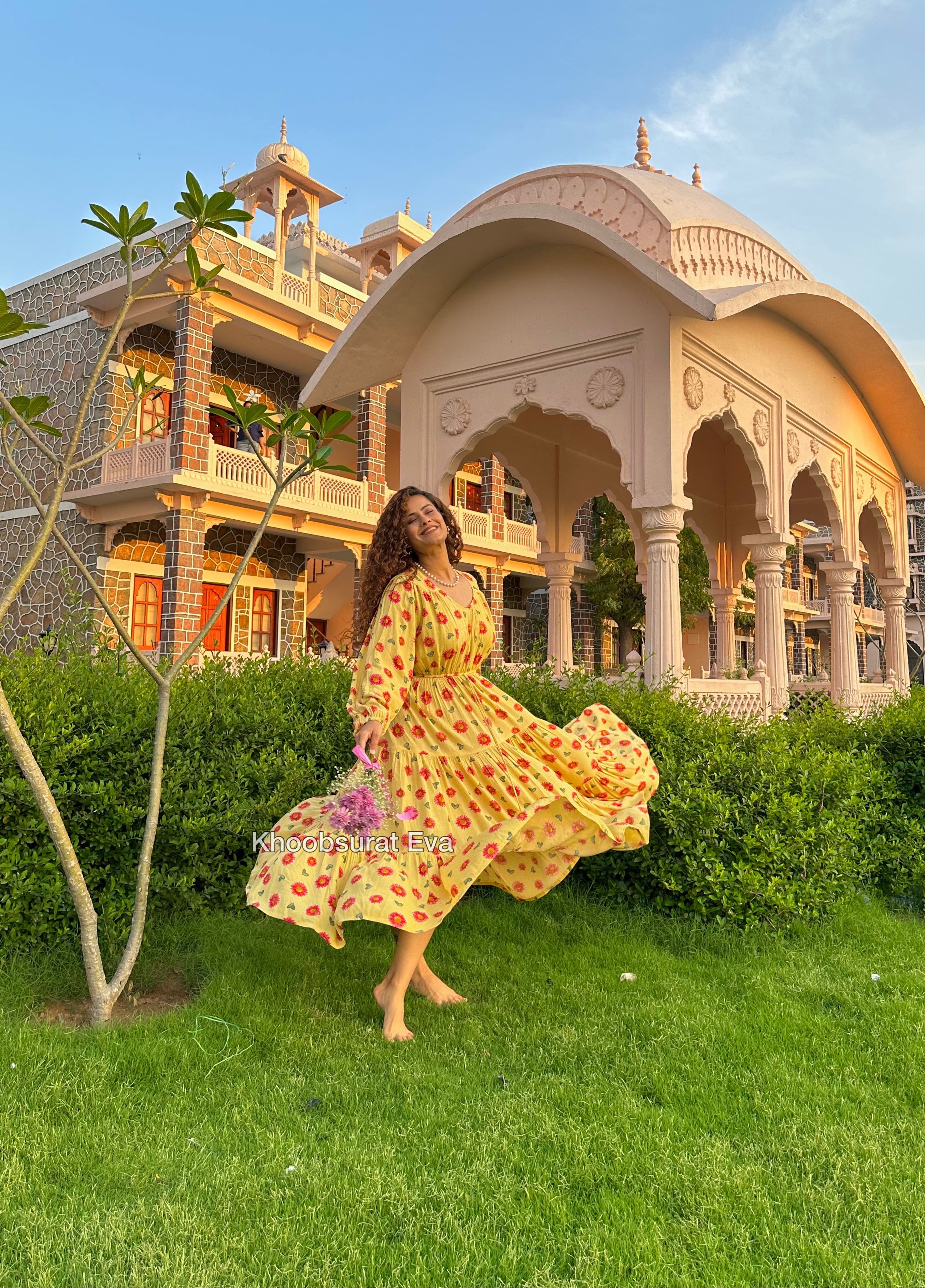 Lily Yellow Ruffle Midi Dress - Flowy Summer Dress for Women, Beach Wedding Guest Outfit, Boho Chic Party Dress