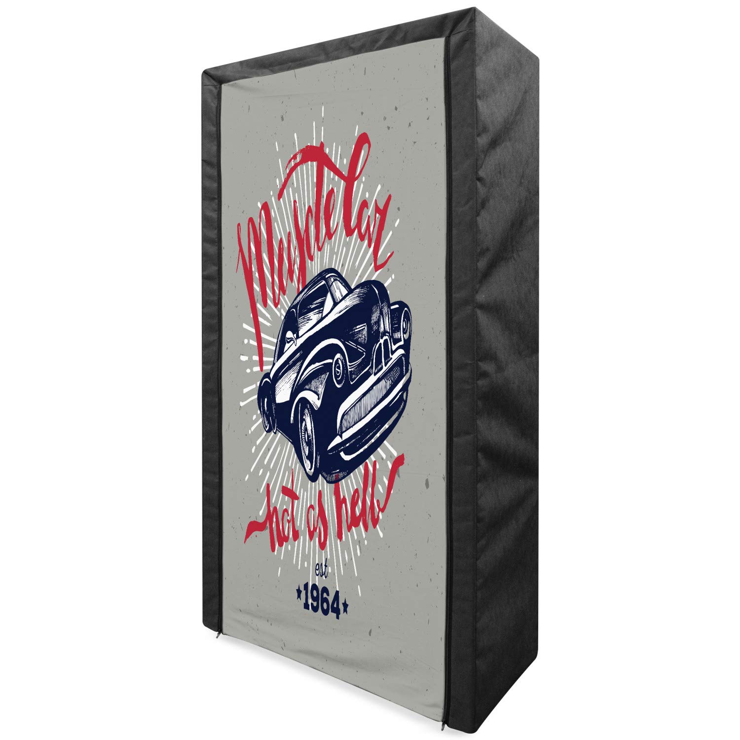 Ambesonne Cars Portable Fabric Wardrobe - Classic Vintage Sports Car Design in Navy Blue & Red | 33.5 Inch Clothing Organizer with Shelves | Perfect for Bedroom, Dorm, or Closet Storage | Hot Rod & Muscle Car Themed Home Decor