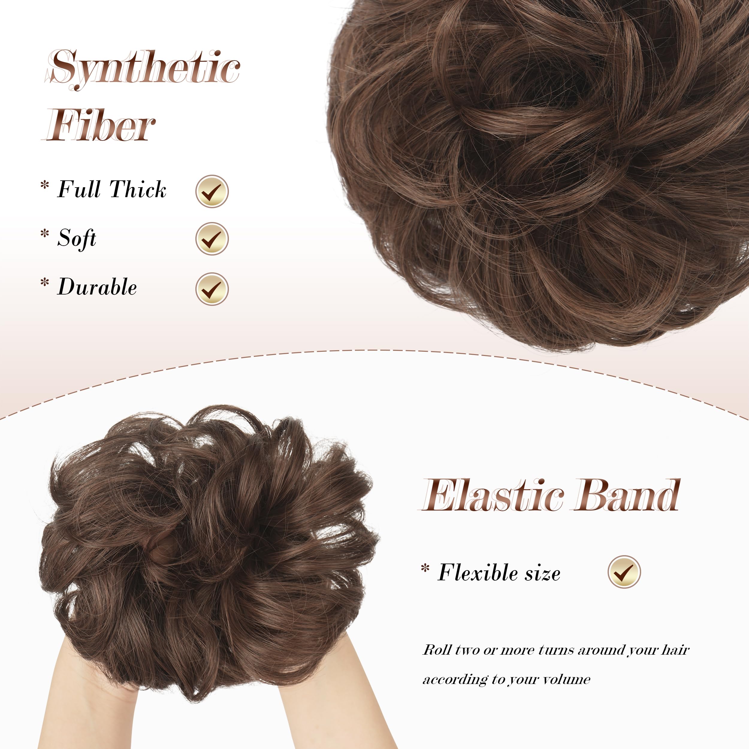 FESHFEN Hair Scrunchies Set - 30 Pcs Medium Brown & Light Auburn Mixed, Wavy Curly Messy Donut Bun Ponytail Extensions for Women | Perfect for Updos, Chignons, Casual & Formal Hairstyles