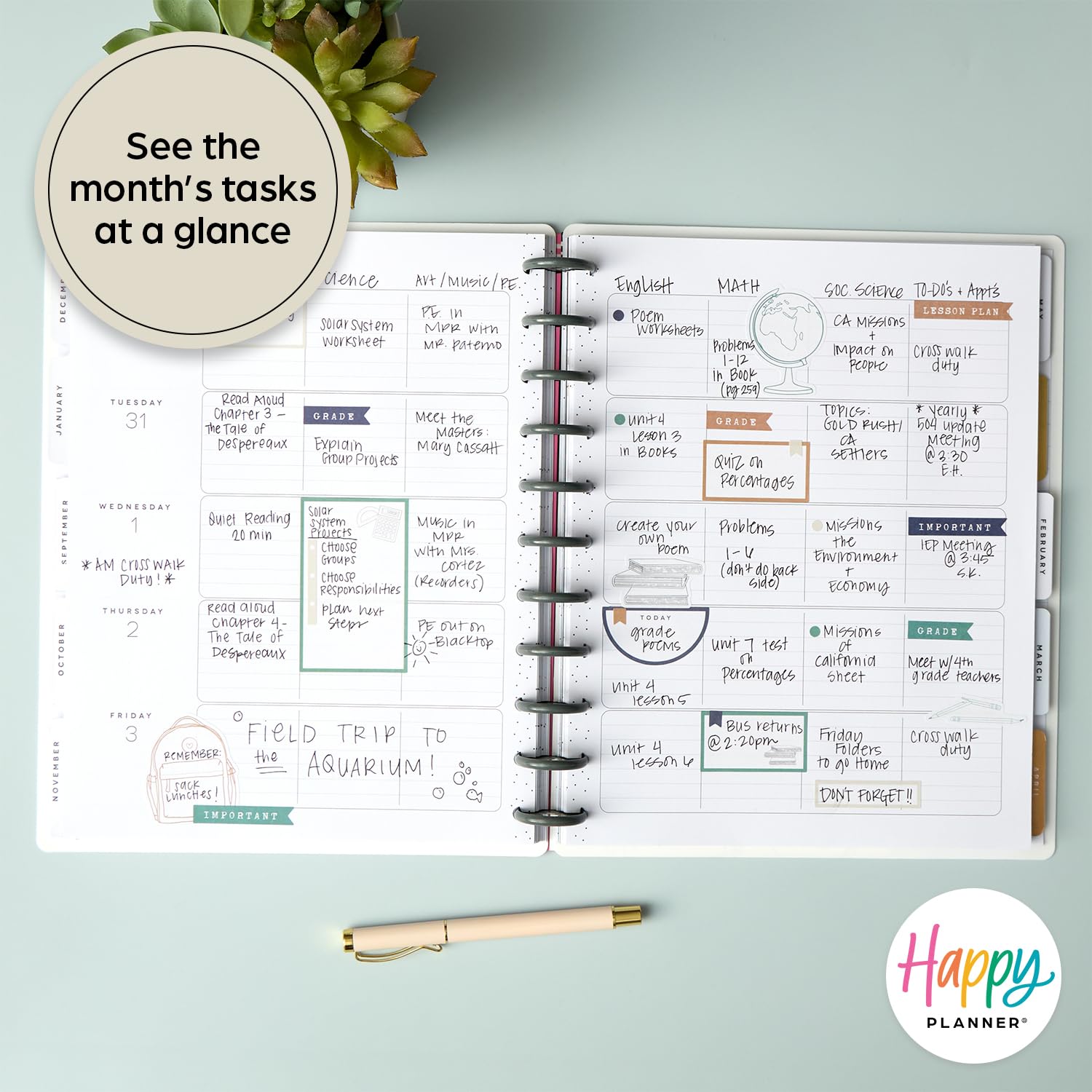 Happy Planner 2024-2025 Academic Year Planner - July 2024 to June 2025, 12 Month Disc Bound Teacher Planner with Daily & Monthly Layouts, 8.5