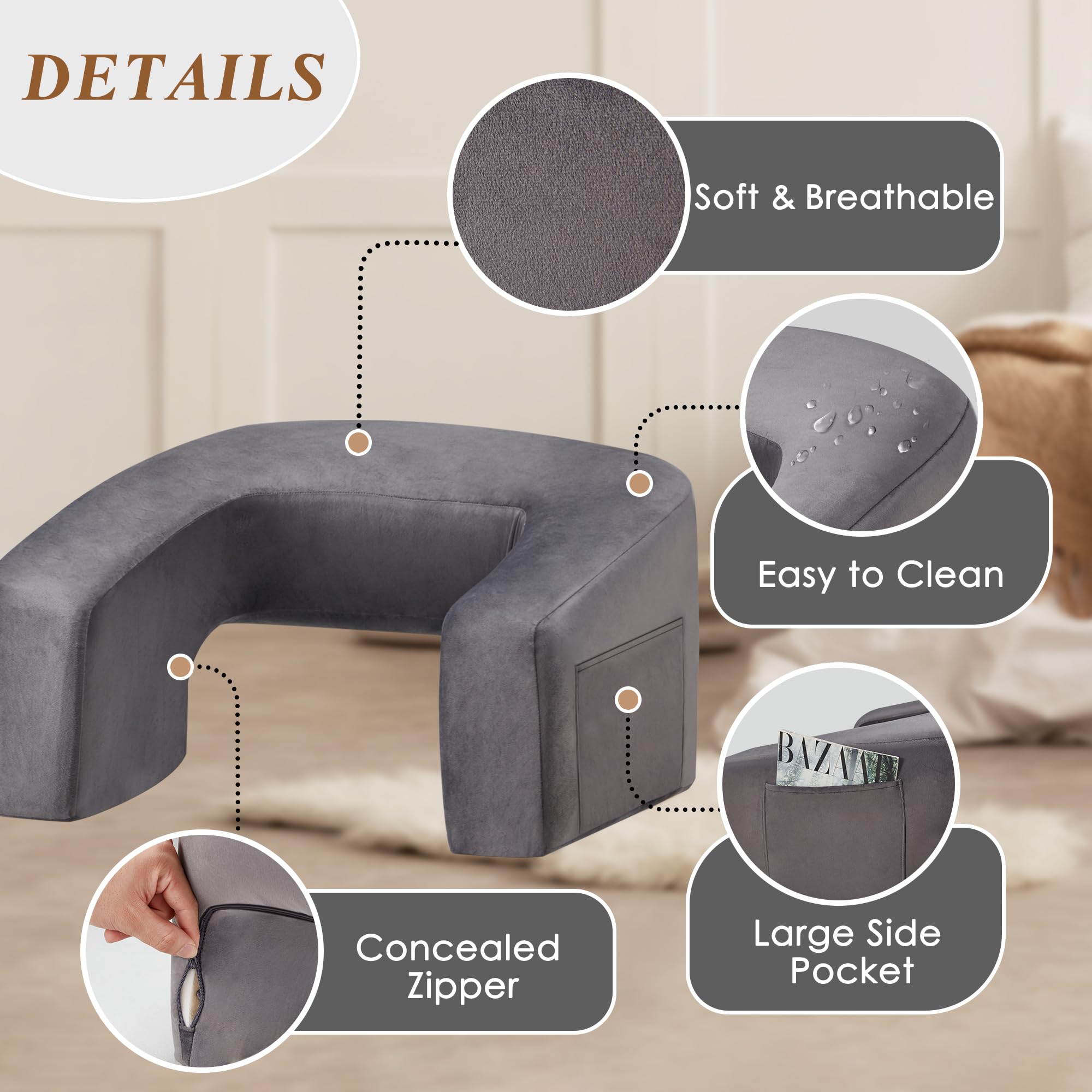 Homguava Memory Foam Reading & Gaming Pillow with Side Pocket - Ergonomic Back Support Cushion for Adults - Soft Furry Body Pillow for Bed, Sofa, Office (Grey) - Perfect for Reading, Gaming, Working & Relaxing at Home
