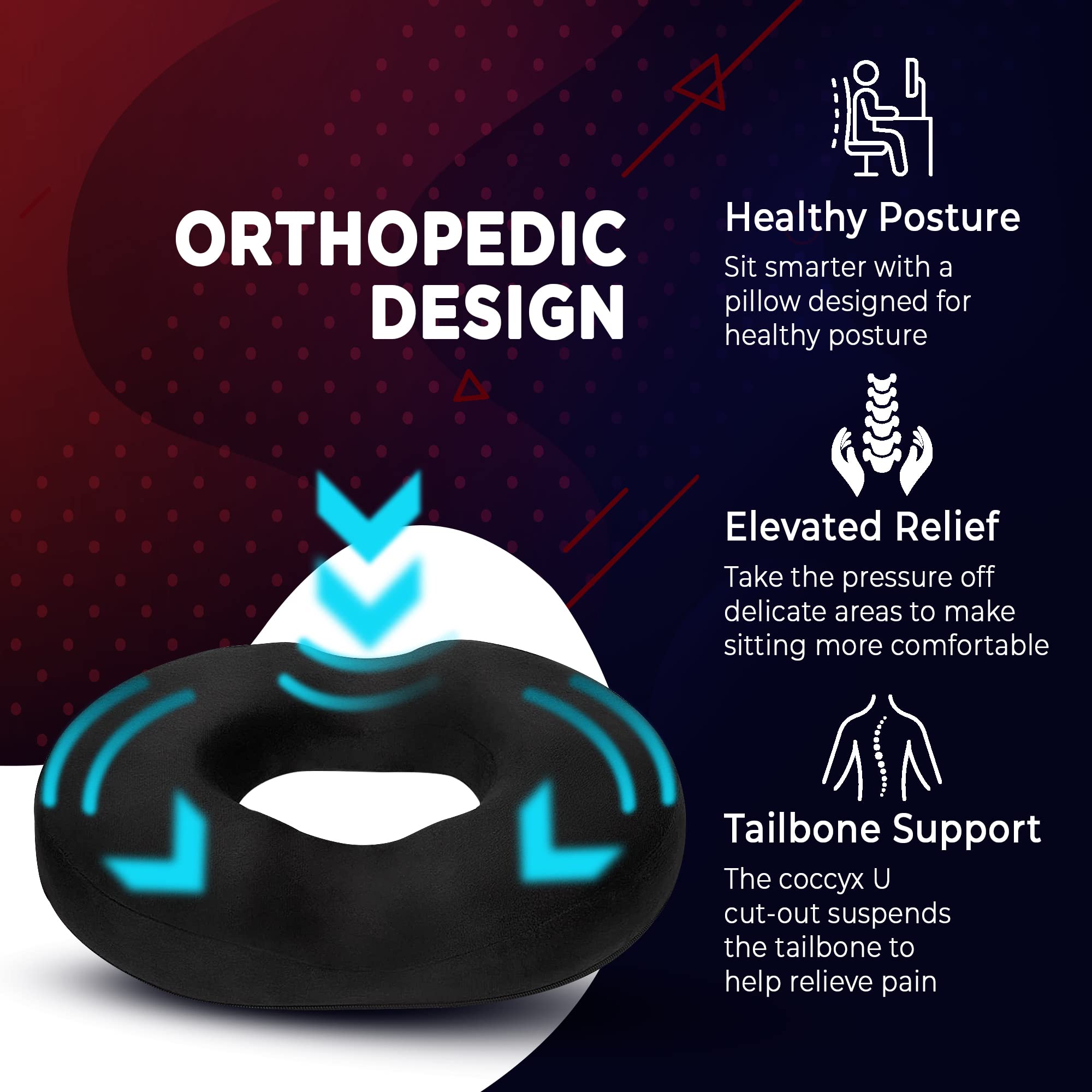 Orthopedic Donut Pillow Seat Cushion for Tailbone & Coccyx Pain Relief - Memory Foam Hemorrhoid & Sciatica Support - Ideal for Pregnancy, Postpartum, Surgery Recovery - Black (Perfect for Office Chairs, Car Seats & Wheelchairs)
