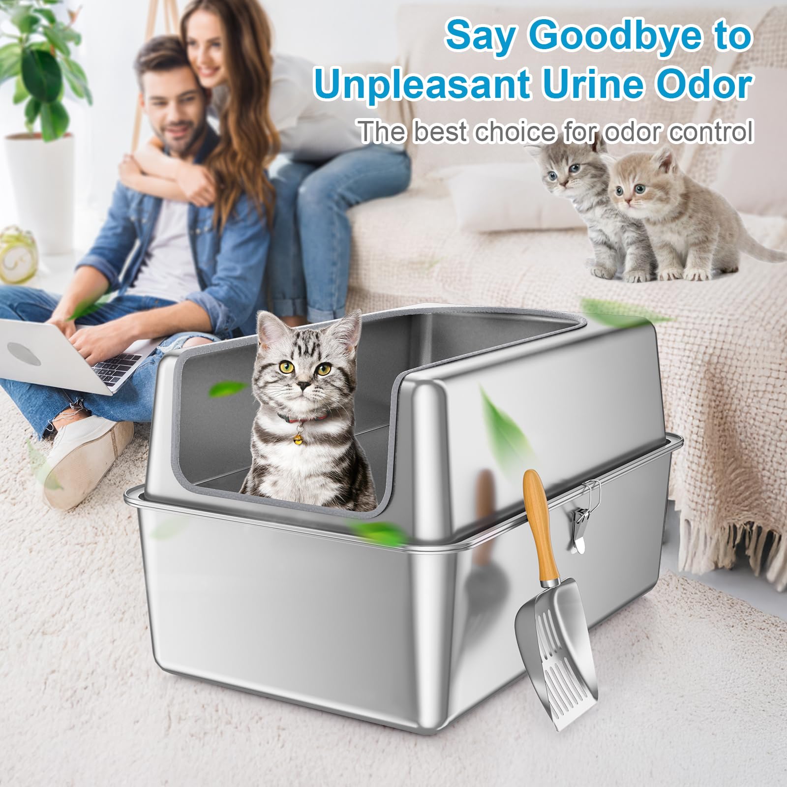Premium Stainless Steel Cat Litter Box with Lid & Scoop - Extra Large Metal Litter Pan for Big Cats - High Sided Enclosure with Anti-Leak Design - Odor Control, Non-Stick Surface, Easy to Clean - Perfect for Multi-Cat Homes & Large Breeds