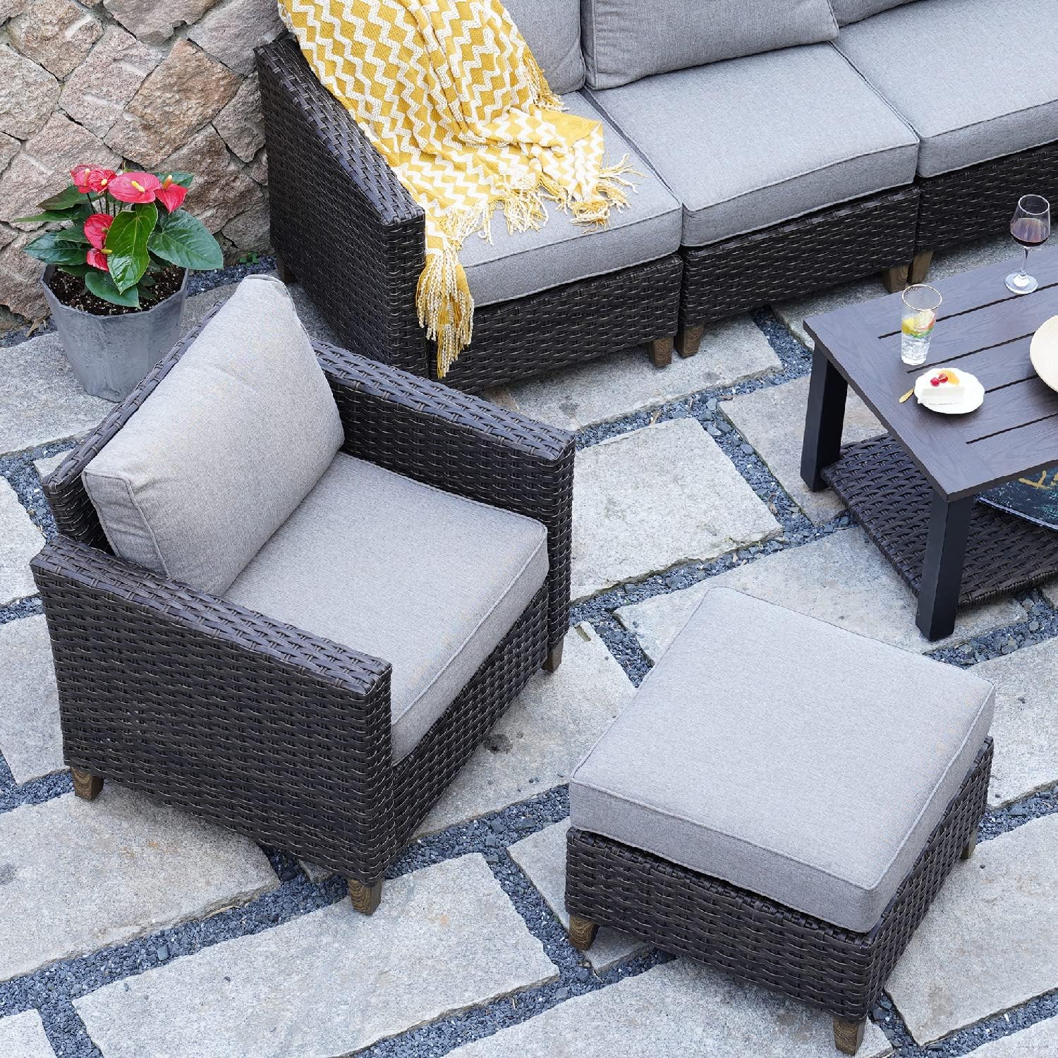 Outdoor Wicker Sectional Sofa Set with Thick Cushions - Patio Furniture for Deck, Porch, Poolside & Garden - Modular Single Sofa for Relaxing & Entertaining