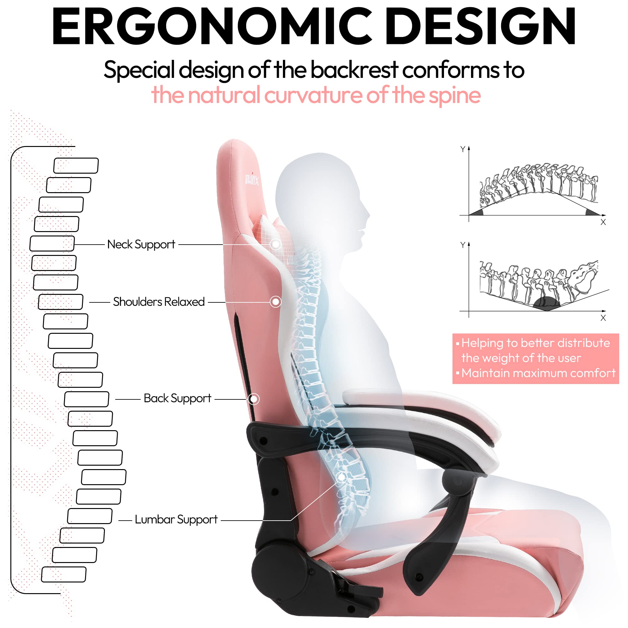 Dowinx Ergonomic Gaming Chair with Massage Lumbar Support - Racing Style Recliner Office Computer Chair, PU Leather E-Sports Gamer Chair with Retractable Footrest (Pink & White) - Perfect for Home Office, Gaming Setup & Streaming Studio