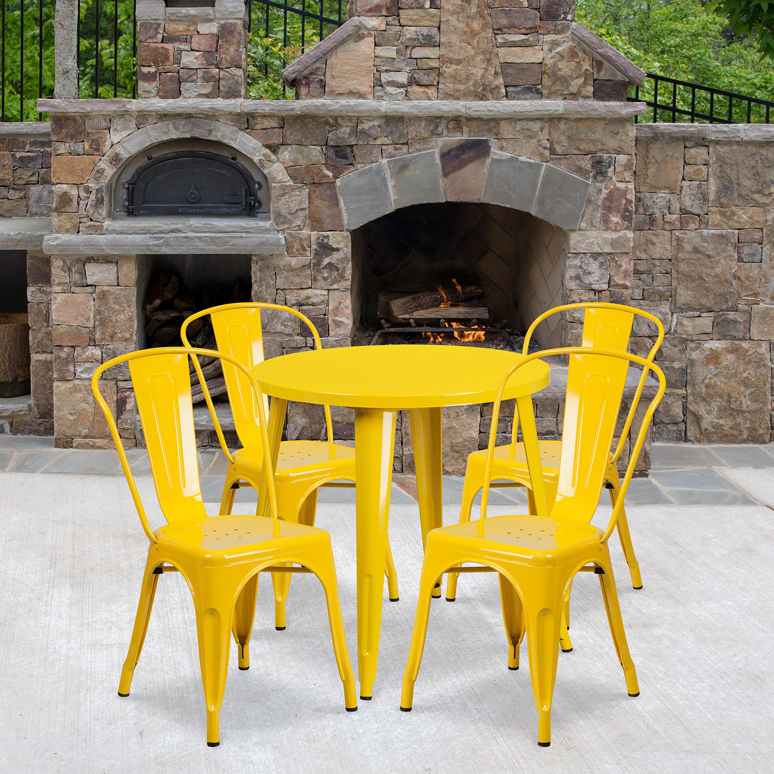 EMMA + OLIVER 30 Inch Round Commercial Grade Metal Bistro Table Set with 4 Yellow Cafe Chairs - Indoor Outdoor Patio Dining for Restaurant, Cafe, Garden & Backyard