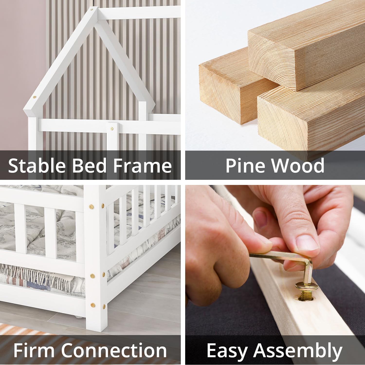 Montessori Full Size Floor Bed Frame with Roof & Fence - Solid Wood House Bed for Kids, Boys & Girls Bedroom Furniture - White | Safe Toddler Sleeping Solution for Daycare & Home Nursery