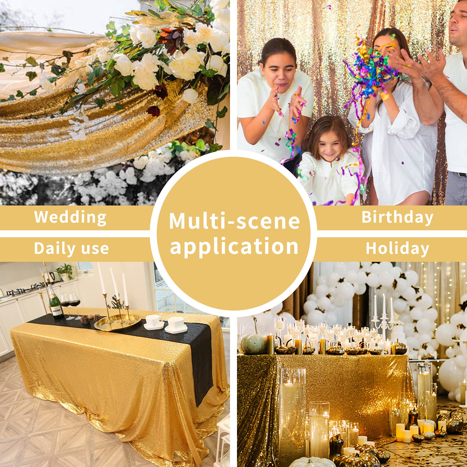 Gold Sequin Tablecloth 90x90 Inch - Glitter Shimmer Square Table Cover for Wedding, Baby Shower, Birthday Party, Dinner Decor - Perfect for Cake, Dessert & Food Display Tables