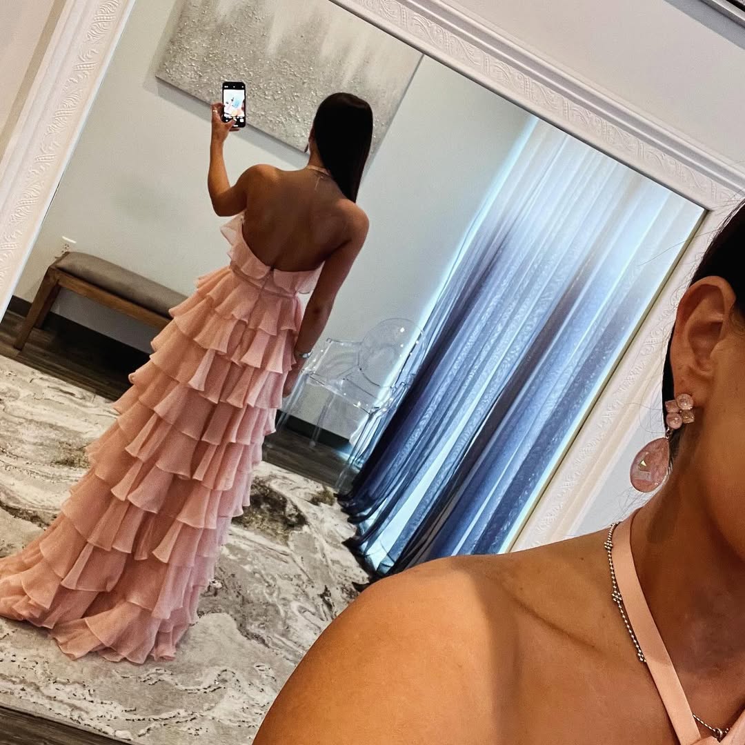 Elegant Pink Halter A-Line Tiered Long Prom Dress for Formal Evening Events - Perfect for Homecoming, Prom, and Black Tie Occasions - Style J5543