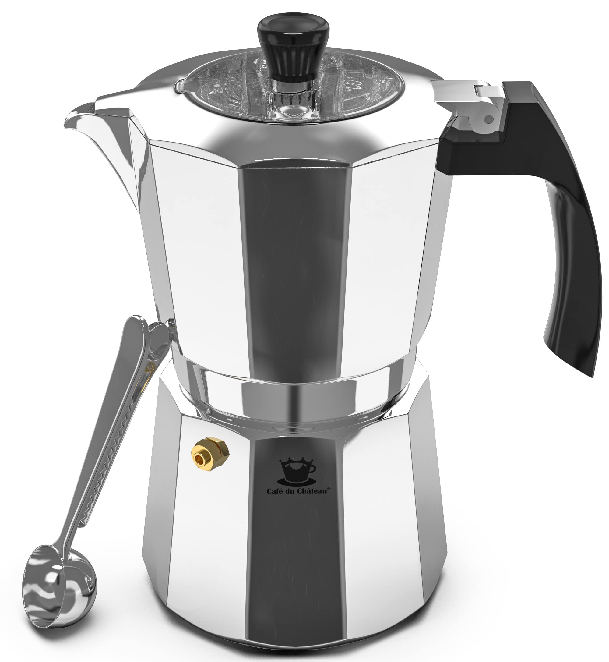 Cafe Du Chateau 6-Cup Espresso Maker & Coffee Percolator - Transparent Lid, High-Gloss Finish with Clip Spoon - Perfect for Camping, Home & Office Use