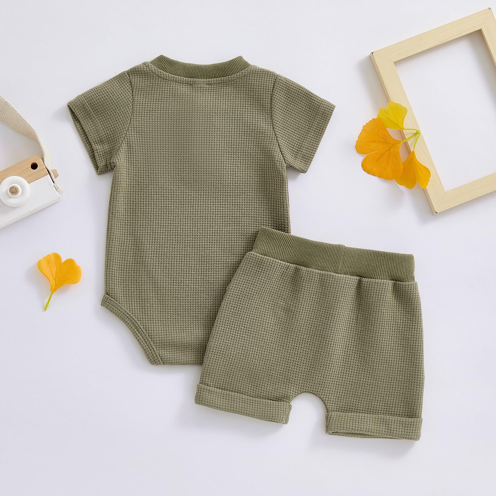 Soft Waffle Baby Romper Set - Newborn Boy Summer Short Sleeve Button-Up Bodysuit & Shorts Outfit | Perfect for Playtime, Beach Trips & Family Photos