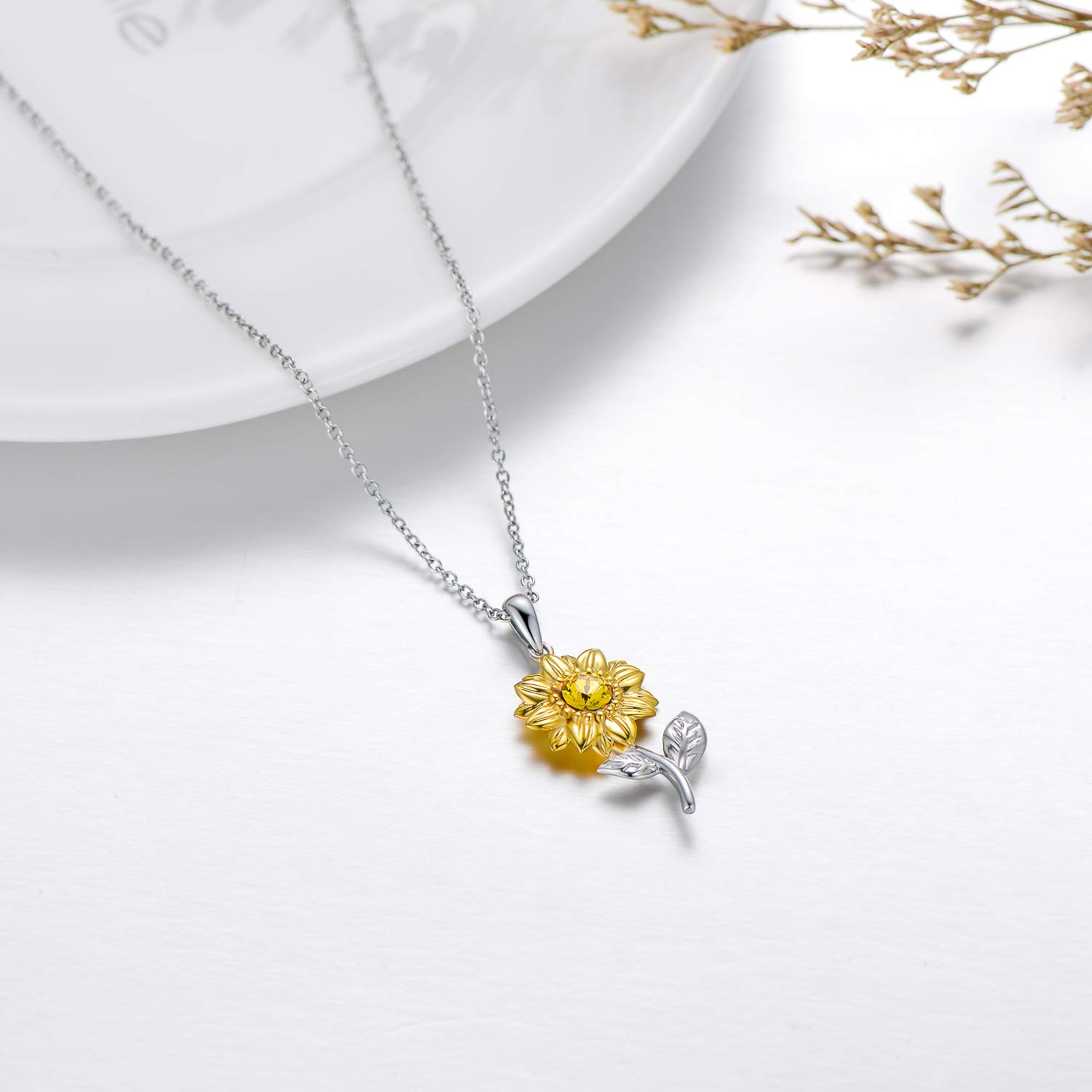 14K Real Gold Sunflower Necklace for Women - You Are My Sunshine Gold Pendant with Crystal, Birthday Anniversary Gift for Mom Wife Girlfriend (16