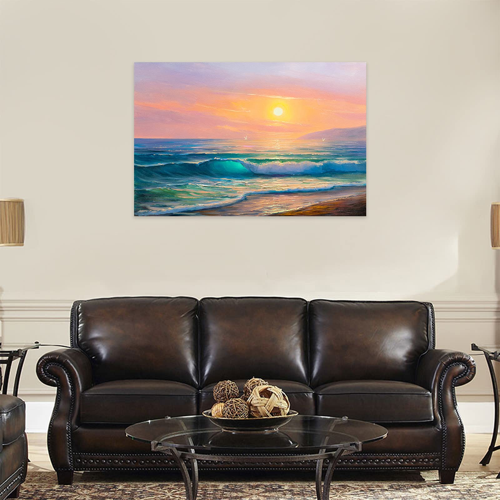Blue Ocean Waves Canvas Wall Art - Stretched & Framed Seascape Painting for Bathroom & Bedroom Decor - Ready to Hang Beach Themed Wall Decor (24x36 Inches) - Perfect for Coastal, Nautical or Beach House Interior Design