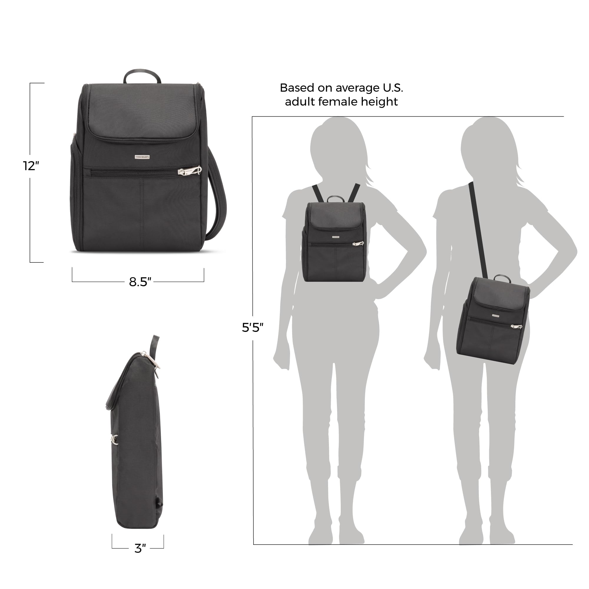 Travelon Anti-Theft Classic Small Convertible Backpack - Secure Crossbody Bag for Travel, Commuting & Daily Use | RFID Blocking & Slash-Resistant