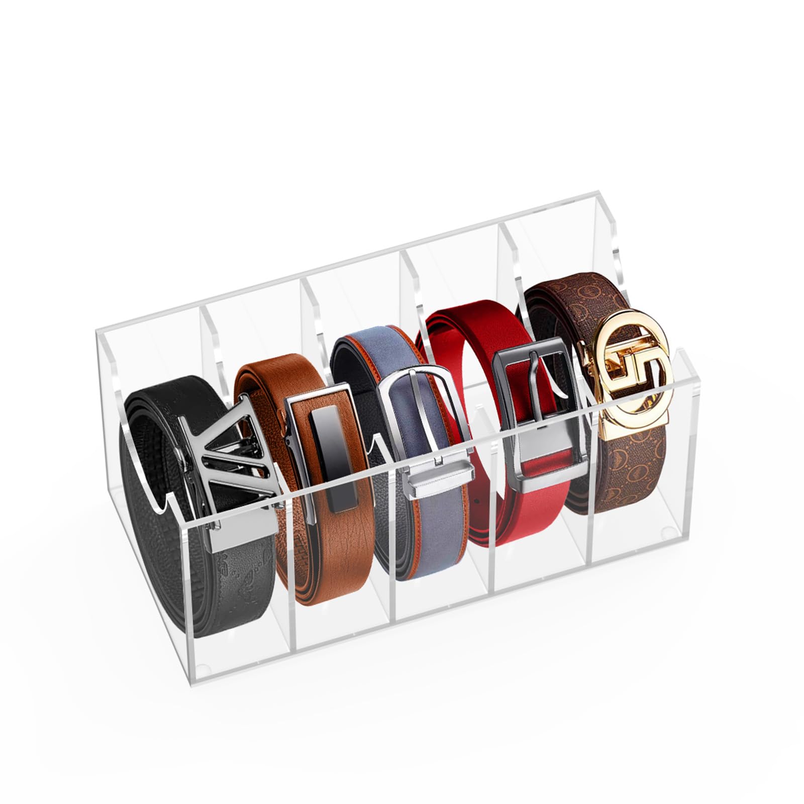Clear Acrylic Belt Organizer with 5 Compartments - Wall Mount & Drawer Storage for Belts, Ties, Jewelry, Bracelets & Cosmetics | Perfect for Closet Organization & Small Space Storage