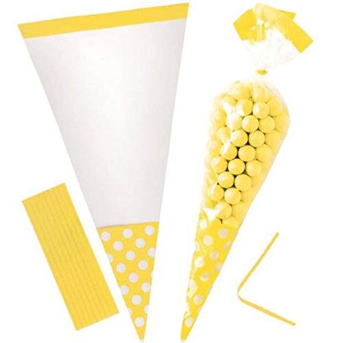 Amscan Candy Buffet Cone Polka Dot Bags - Sun Yellow - Perfect for Birthday Parties, Baby Showers & Wedding Favors