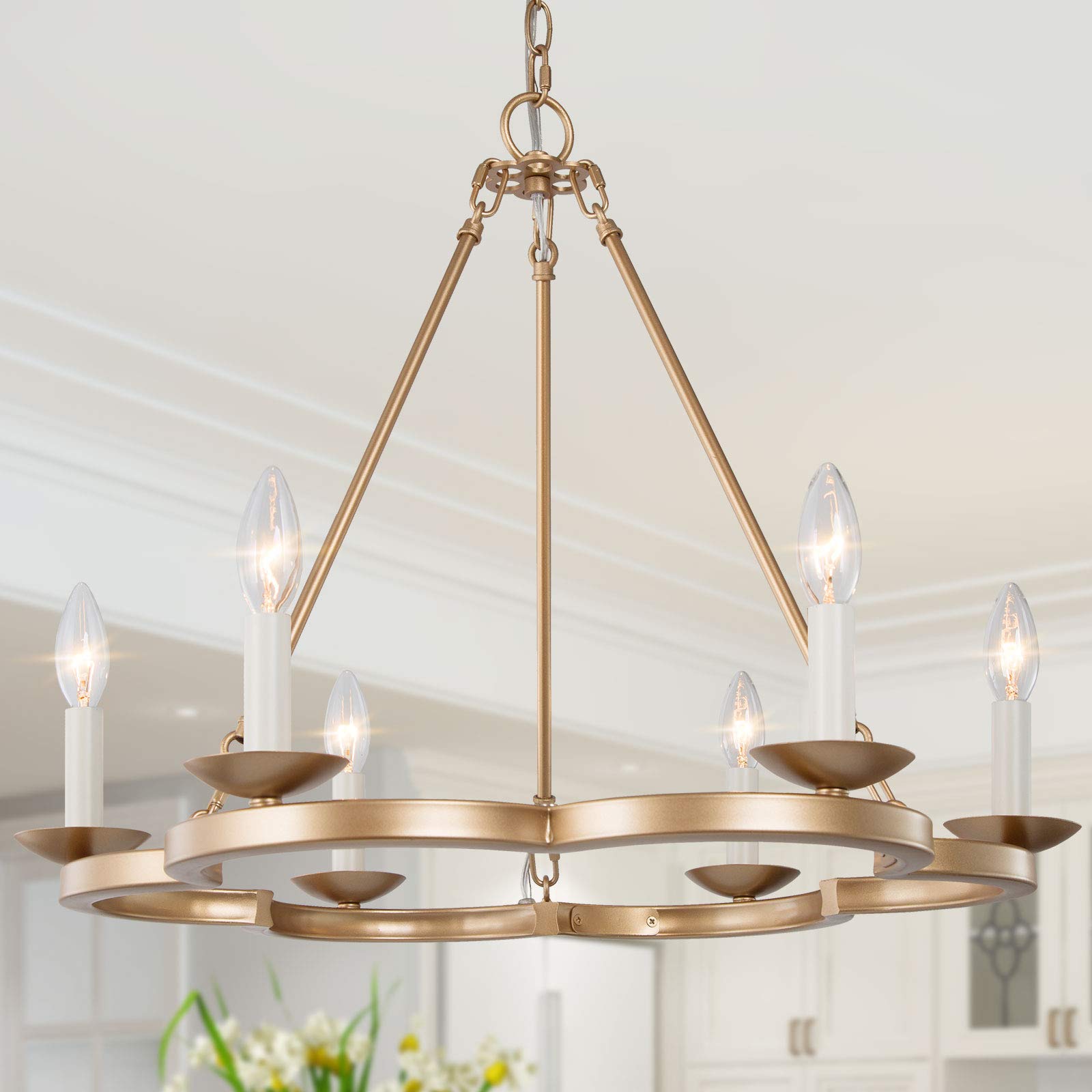 Modern Farmhouse Chandelier - Gold Wagon Wheel Ceiling Light Fixture with 6 Lights, Rustic Dining Room Chandelier for Farmhouse, Living Room & Bedroom Decor | Perfect for Country Homes, Restaurants and Cabin Lighting