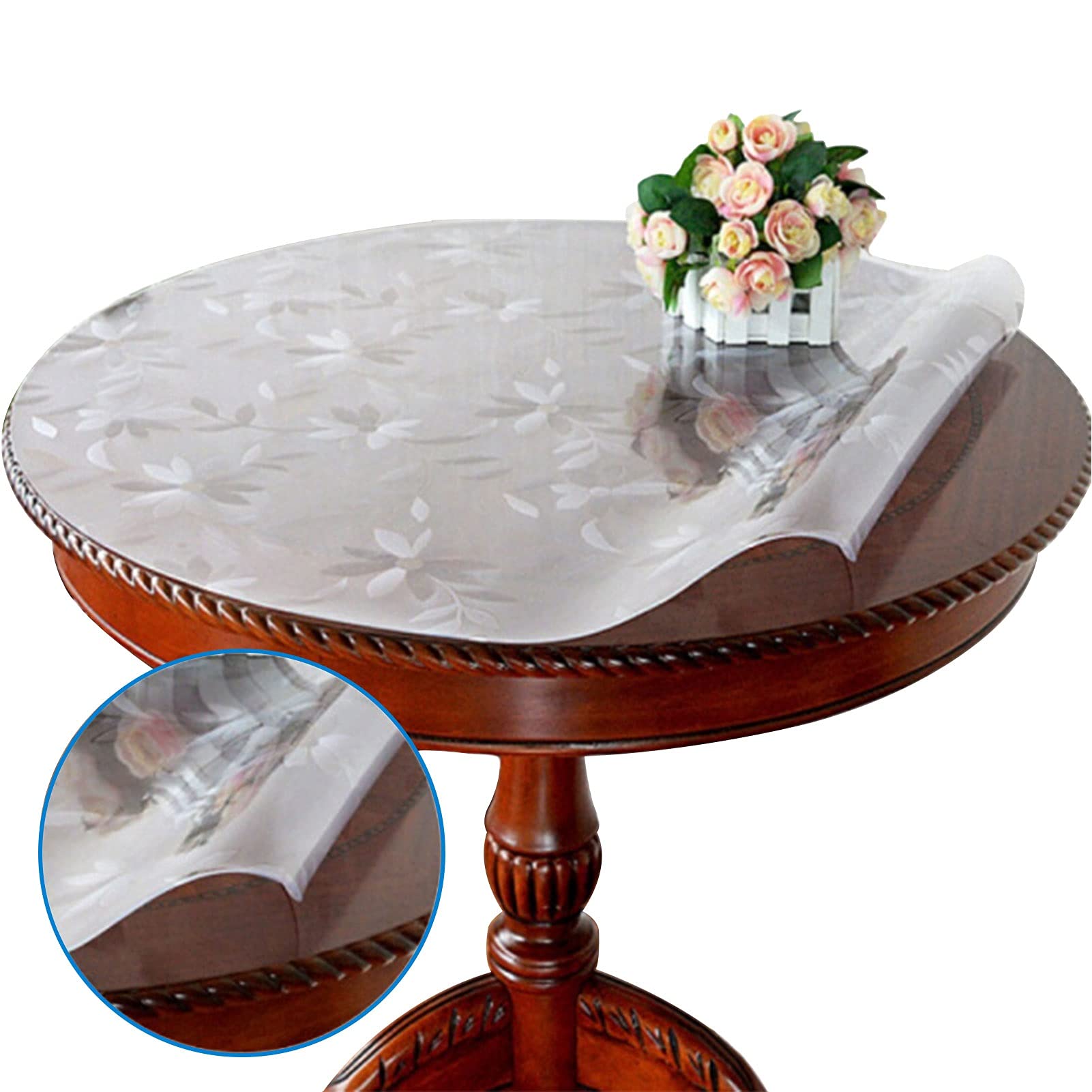 Round Transparent PVC Tablecloth - Waterproof Oil-Resistant Plastic Table Cover with Cosmos Flower Design, 2.0mm Thick Crystal Clear Table Mat for Dining, Kitchen, Living Room & Outdoor Use
