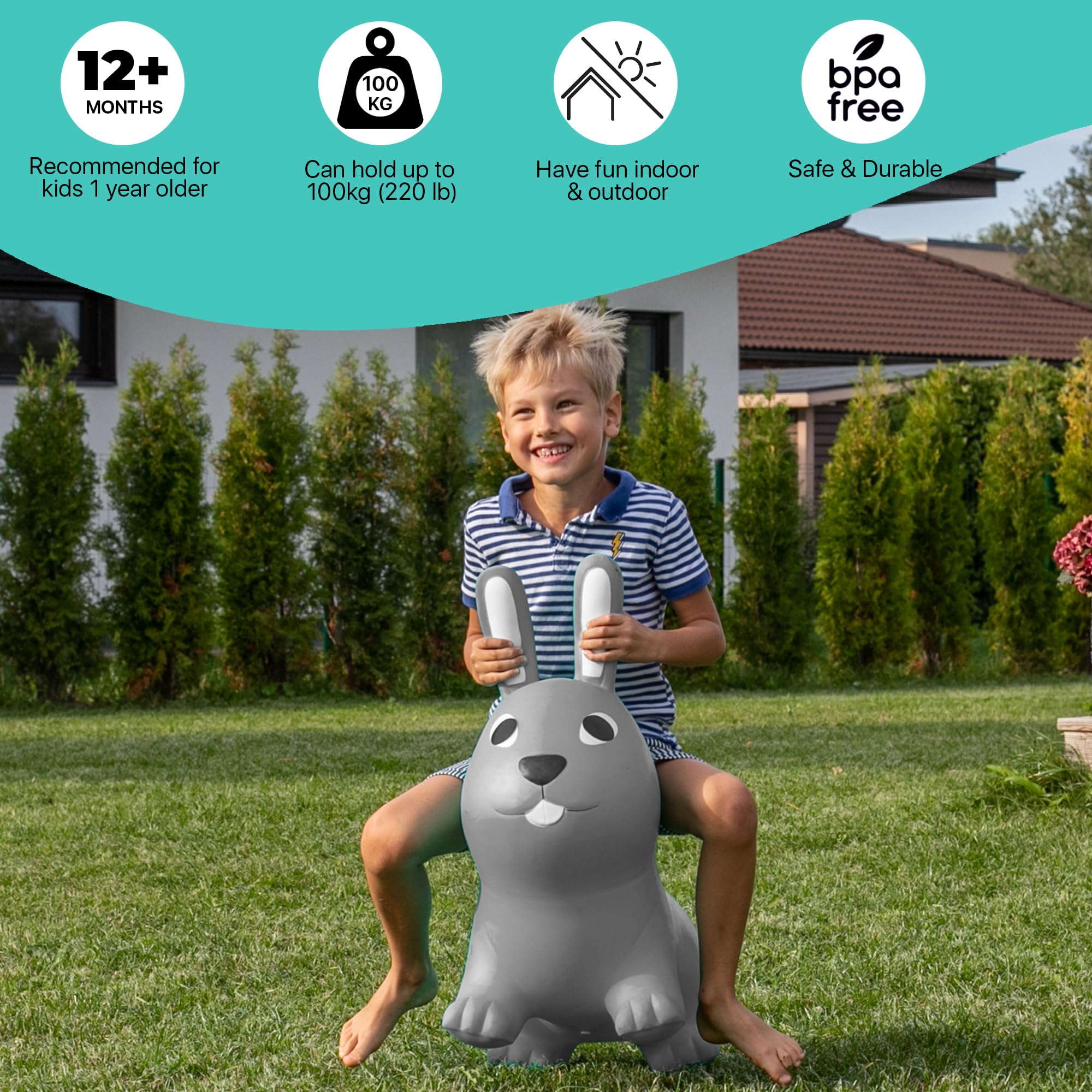 GERARDO'S Jumpy Toddler Bouncer - Animal Bouncy Bunny Ride-On Toy for Kids Ages 1-3 - Inflatable Hopper for Boys & Girls - Indoor Outdoor Bouncing Toy - Perfect for Birthday Gifts, Playtime & Exercise