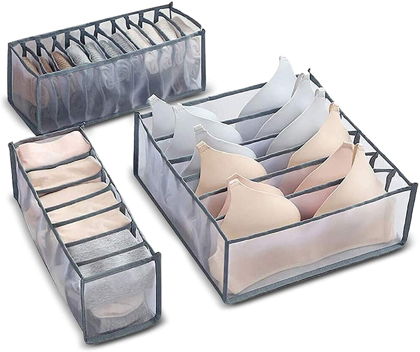 Xiying 3-Piece Foldable Closet Organizer Set - Underwear Storage Boxes for Bras, Socks & Clothes | Space-Saving Drawer Dividers | Perfect for Bedroom, Dorm & Travel (Grey)
