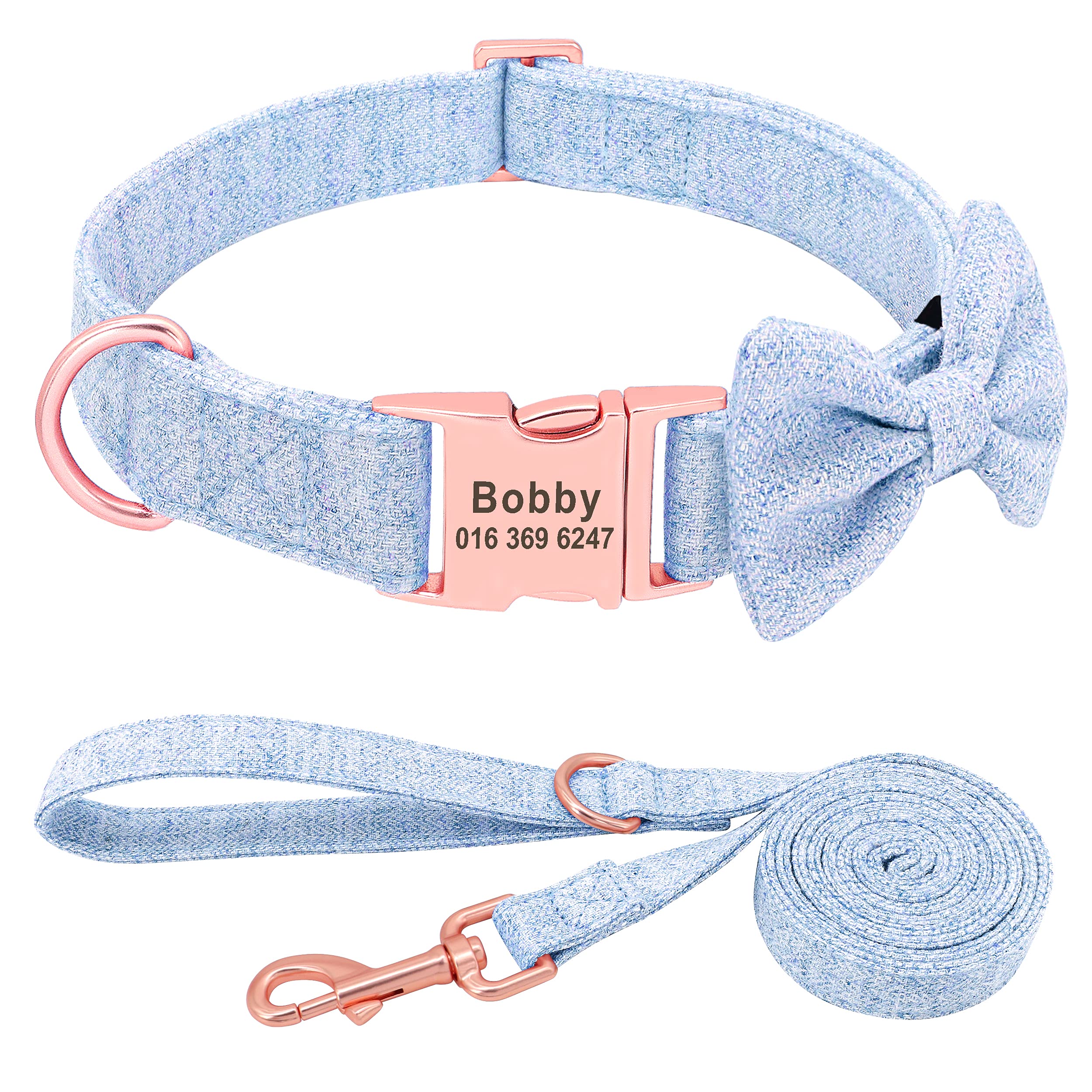 Personalized Dog Collar with Detachable Bowtie - Soft & Comfortable Pet Collar and Leash Set with Rose Gold Buckle - Adjustable for Small Medium Large Dogs - Perfect for Daily Walks, Grooming & Special Occasions (Blue)