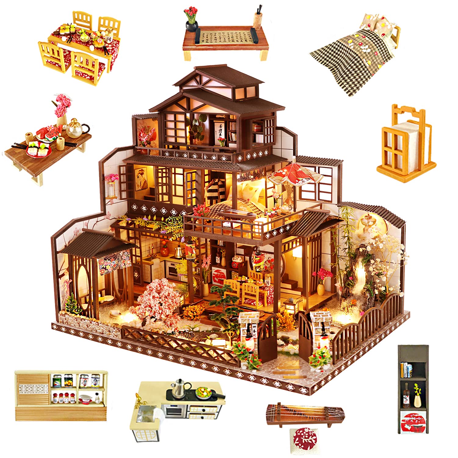 Yuzhen DIY Miniature Dollhouse Kit with Furniture & LED Lights - Japanese Wooden Dollhouse with Dust Cover & Music Box - Perfect Gift for Adults & Kids - Great for Home Decor, Collectors & Creative Play