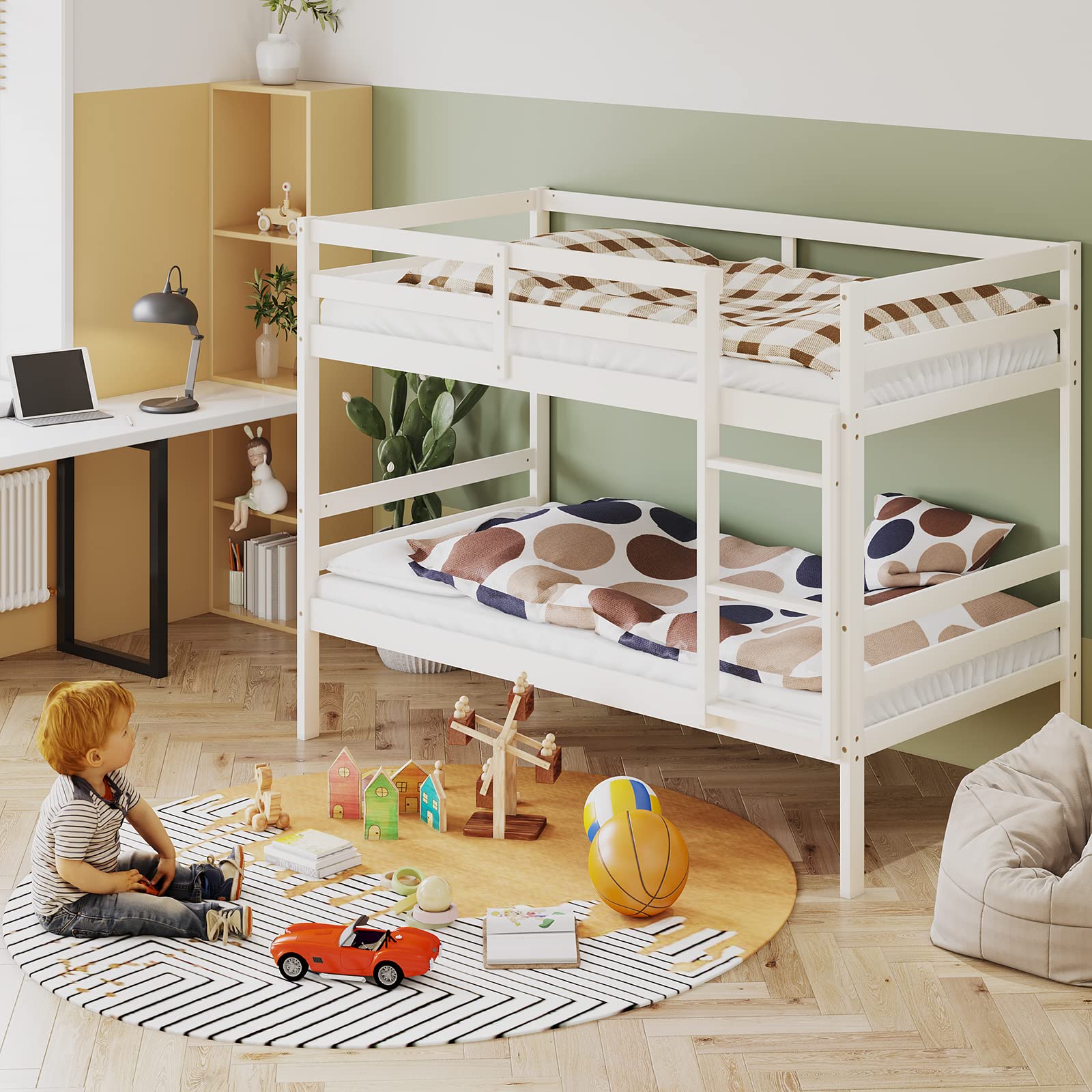 KOMFOTT Solid Wood Twin Over Twin Bunk Bed with Ladder & Safety Guardrail - Sturdy Kids Bed Frame for Dormitories, Shared Rooms & Multi-Child Families - No Box Spring Needed - Perfect for Sleepovers, Space-Saving Kids Bedrooms & Vacation Homes