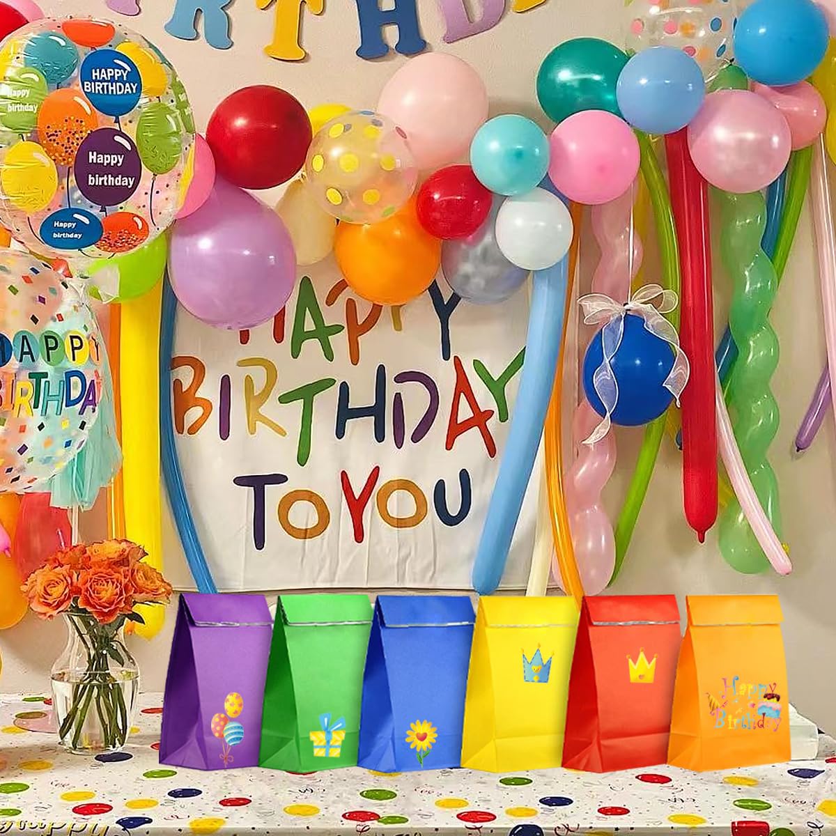 KEYYOOMY 24-Pack Colorful Small Paper Bags - 9.4 x 5.1 x 3.1 Inch Rainbow Party Favor Bags, Goodie Bags & Lunch Bags for Birthday Parties, Baby Showers, Wedding Favors & School Events