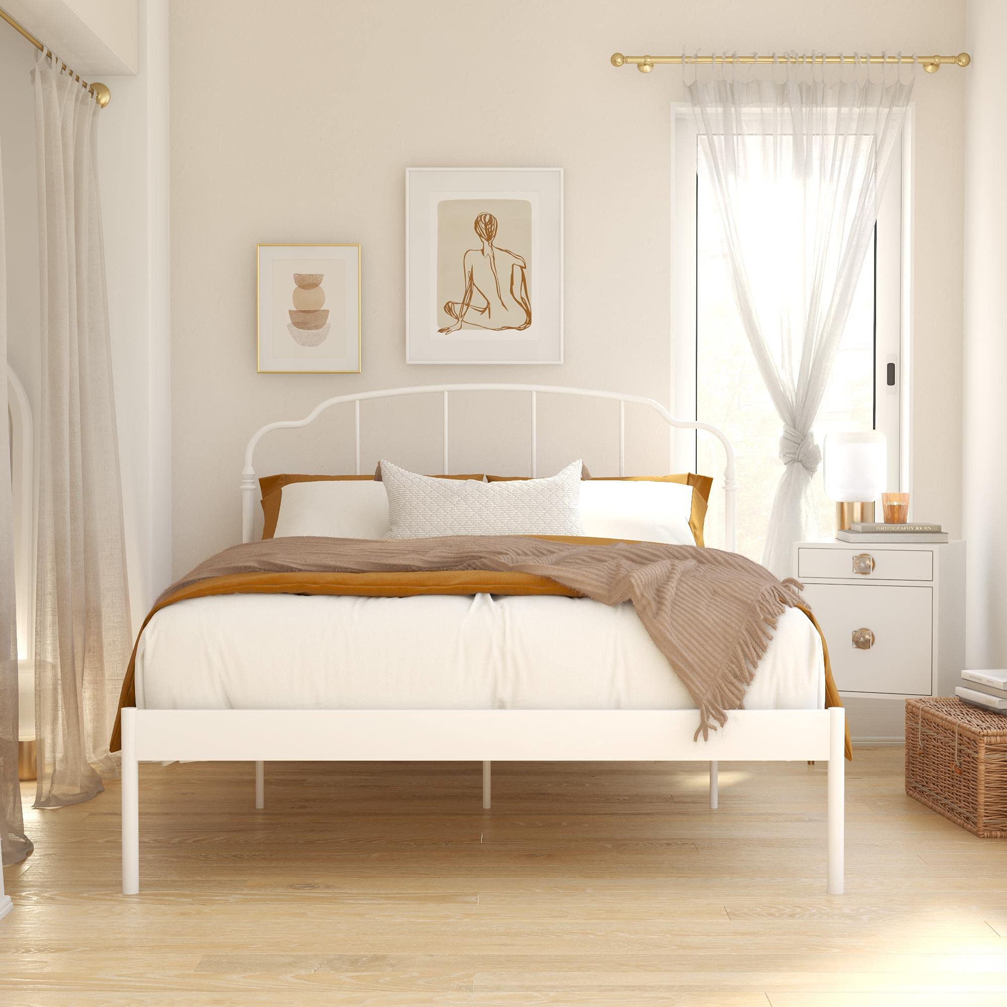 REALROOMS Camie Metal Platform Bed Frame with Adjustable Height, No Box Spring Required, Full Size, White - Perfect for Modern Bedrooms, Guest Rooms & Small Spaces