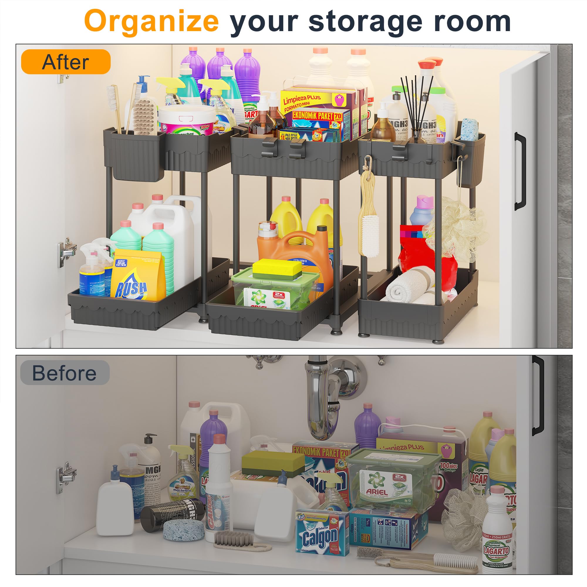 Sevenblue 3-Pack Under Sink Organizer with Sliding Drawer - 2-Tier Bathroom & Kitchen Storage Solution with Hanging Hooks & Cups (Black) - Perfect for Small Space Organization in Bathrooms, Kitchens, Laundry Rooms & Closets