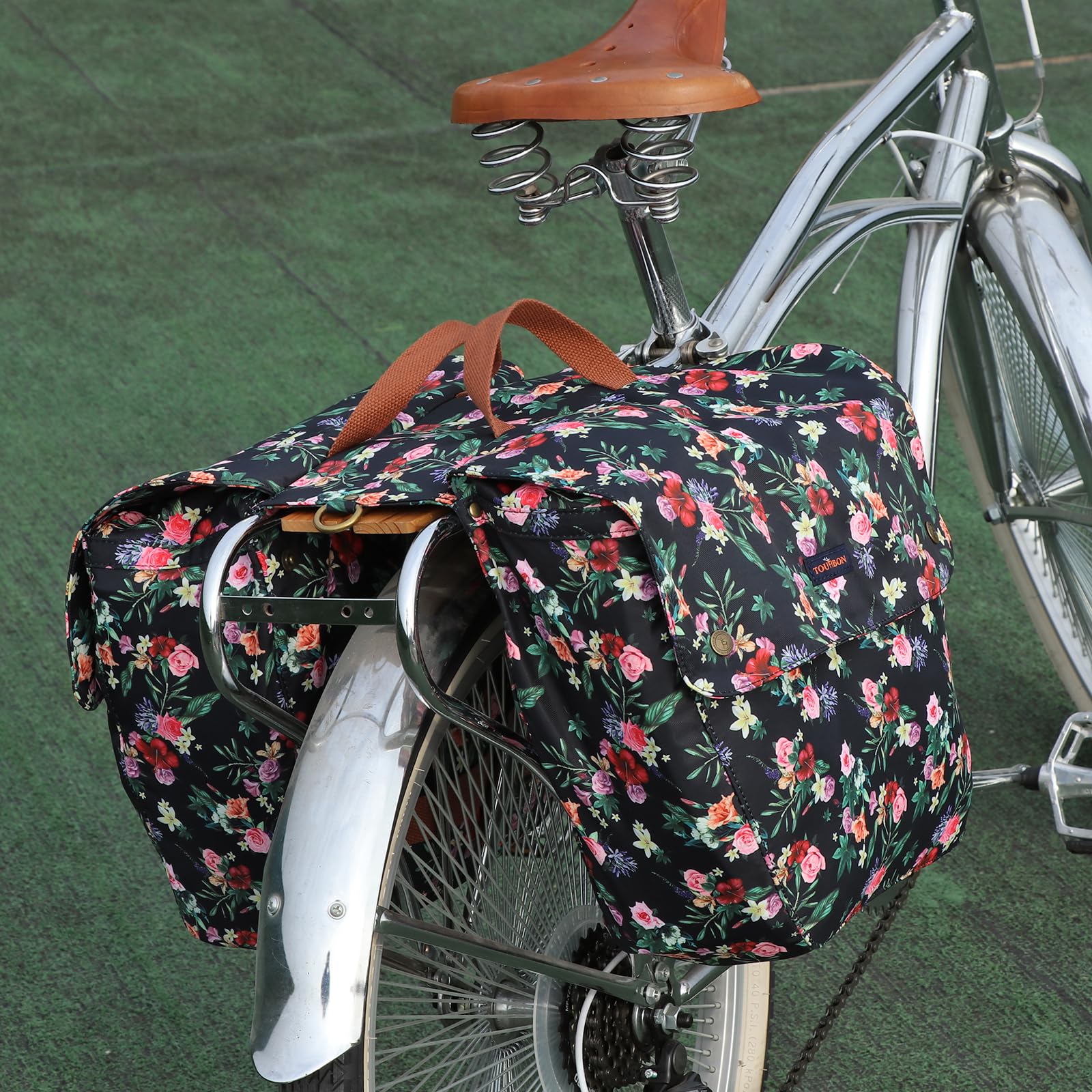 TOURBON Bike Pannier Bag - Waterproof Double Side Rear Rack Bicycle Seat Bag with Roll-Up Design (Black Floral Pattern) - Perfect for Commuting, Cycling Tours & Outdoor Adventures