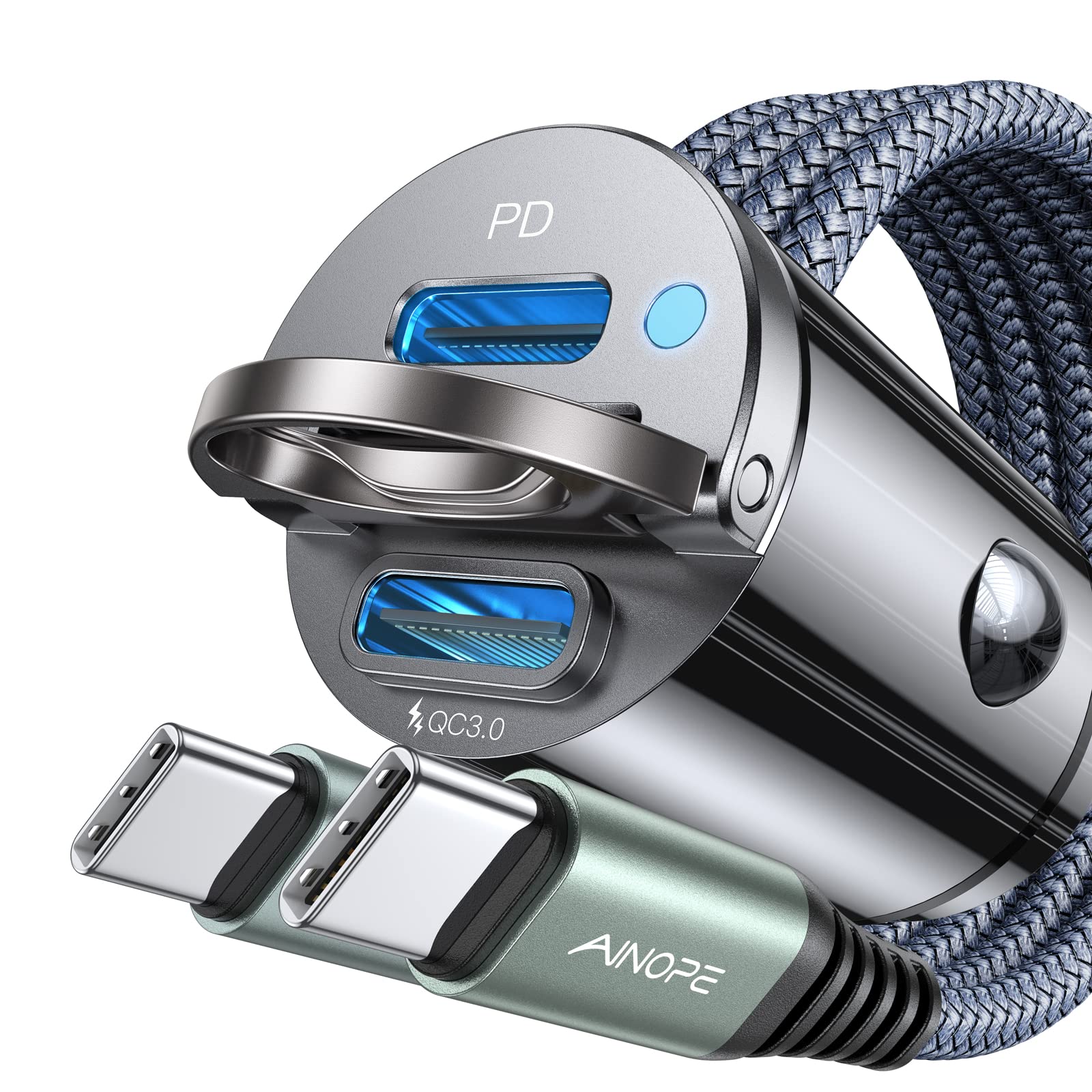 72W AINOPE USB C Car Charger with PD36W & QC36W Fast Charging - All Metal USB C Car Adapter with 3.3ft USB C Cable - Compatible with iPhone 16 Pro Max, Samsung Galaxy, iPad - Perfect for Road Trips & Daily Commute
