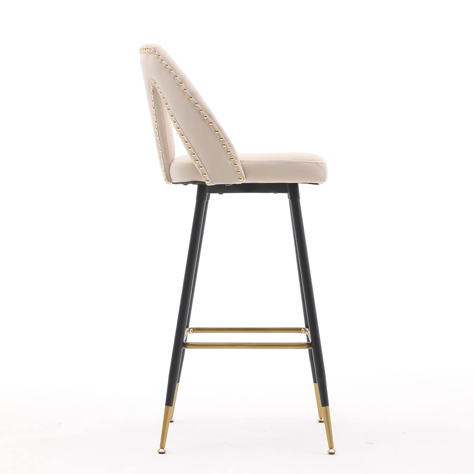 Premium Velvet Bar Stools Set of 2 - Modern Upholstered Counter Height Stools with Footrest, Nailhead Trim & Gold-Tipped Black Metal Legs - Perfect for Kitchen Island, Home Bar & Breakfast Nook (Beige)