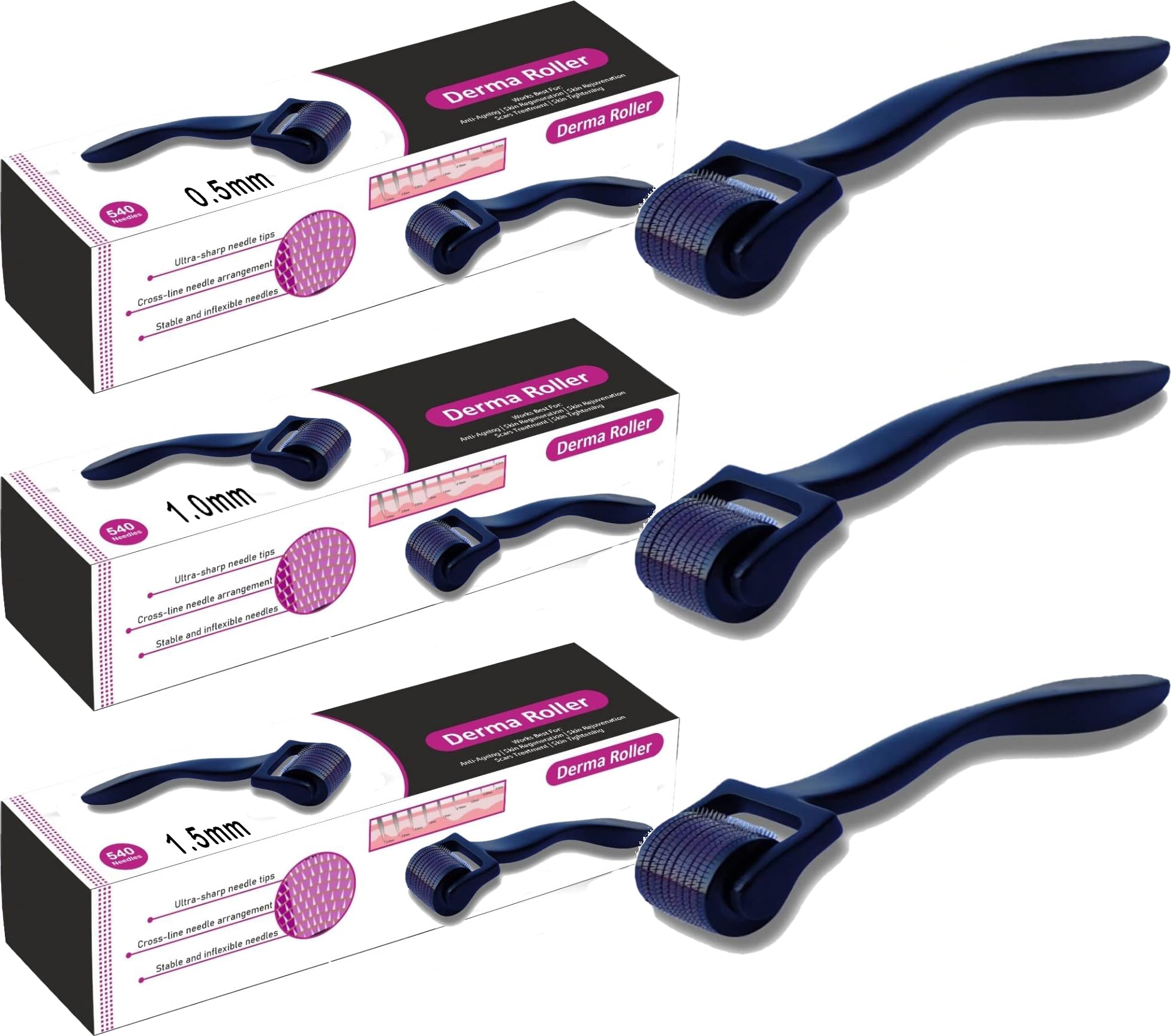 Styllent 3 Pack Derma Roller Set - 0.5mm, 1.0mm & 1.5mm Microneedle Face Roller for Skin Care & Hair Growth - Men & Women - Perfect for Anti-Aging, Acne Scars & Scalp Stimulation at Home