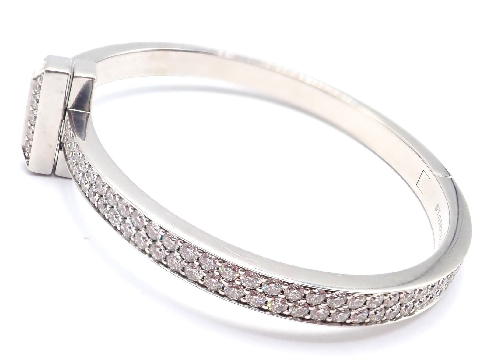 Authentic Tiffany & Co 18k White Gold Diamond T1 Wide Hinged Bangle Bracelet - Luxury Jewelry for Women, Perfect for Weddings, Anniversaries & Special Occasions
