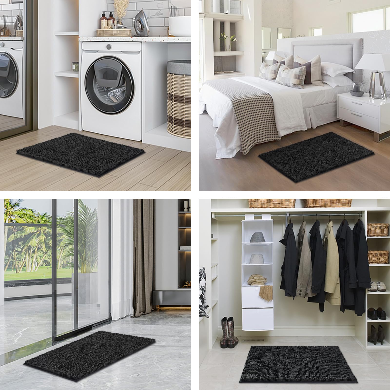 Luxury Chenille Bathroom Rug Set - 3 Piece Soft, Absorbent & Non-Slip Bath Mat with PVC Backing | Machine Washable Toilet Rug for Bathroom, Bedroom, Kitchen & Hallway | Perfect for Cozy Home Decor & Wet Floor Safety - Black
